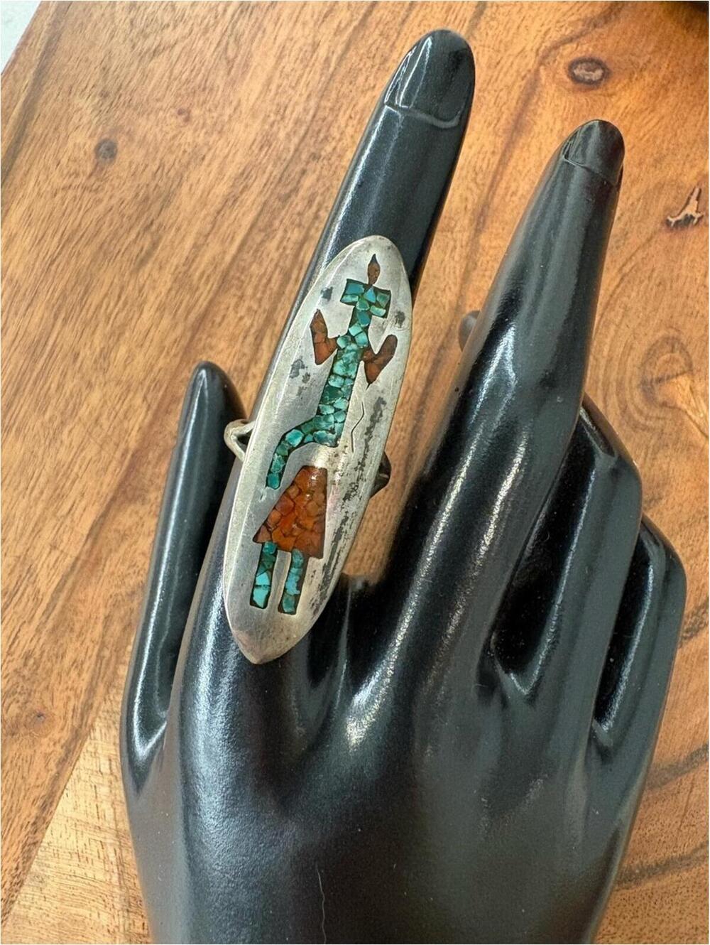 Vintage Native American Inspired Turquoise & Coral Elongated Oval Ring - Size 7